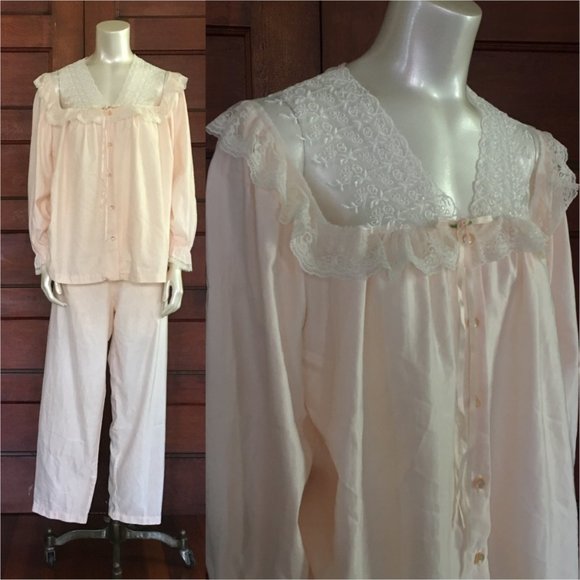 Other - Vintage pajama set top & pants sleepwear pastel pink and lace